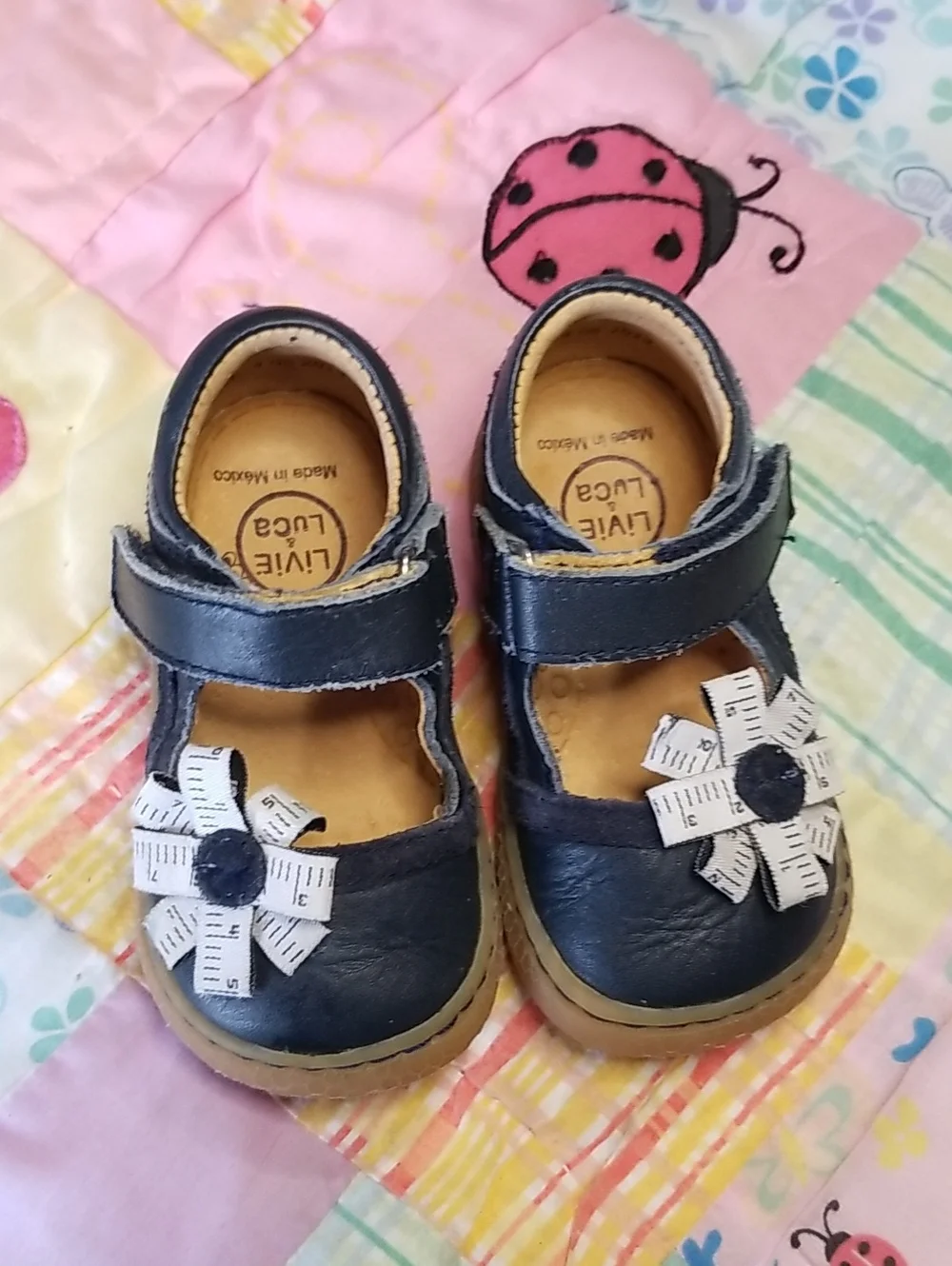 Livie & Luca Navy Blue Leather Mary Janes with White Flower Size 4 Metric
